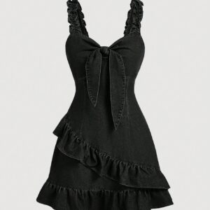 SHEIN MOD Vestido de mezclilla sin mangas con cordón y volantes casual de verano para mujer