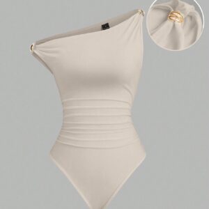 Sweetra Women's Solid Color Casual Asymmetric Shoulder Metal Decor Ruched Bodysuit, Suitable For Spring And Autumn